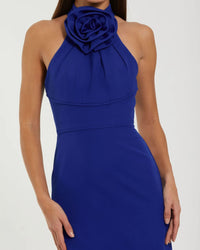 Sleeveless Halter Neck Gown with Rose Detail - Cobalt