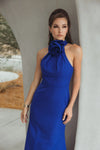 Sleeveless Halter Neck Gown with Rose Detail - Cobalt