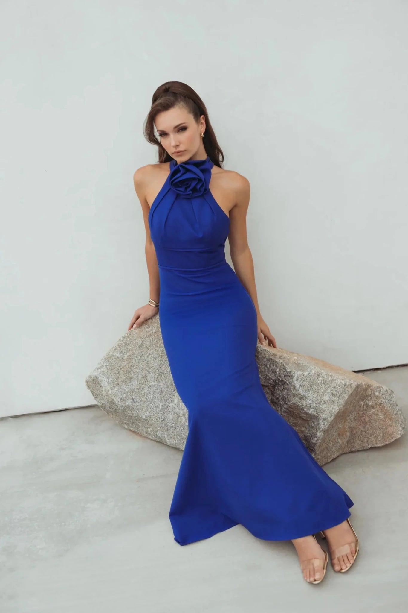 Mac Duggal Women's Flower Halter Neck Crepe Column Gown - Blue - Size 6