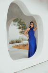 Sleeveless Halter Neck Gown with Rose Detail - Cobalt