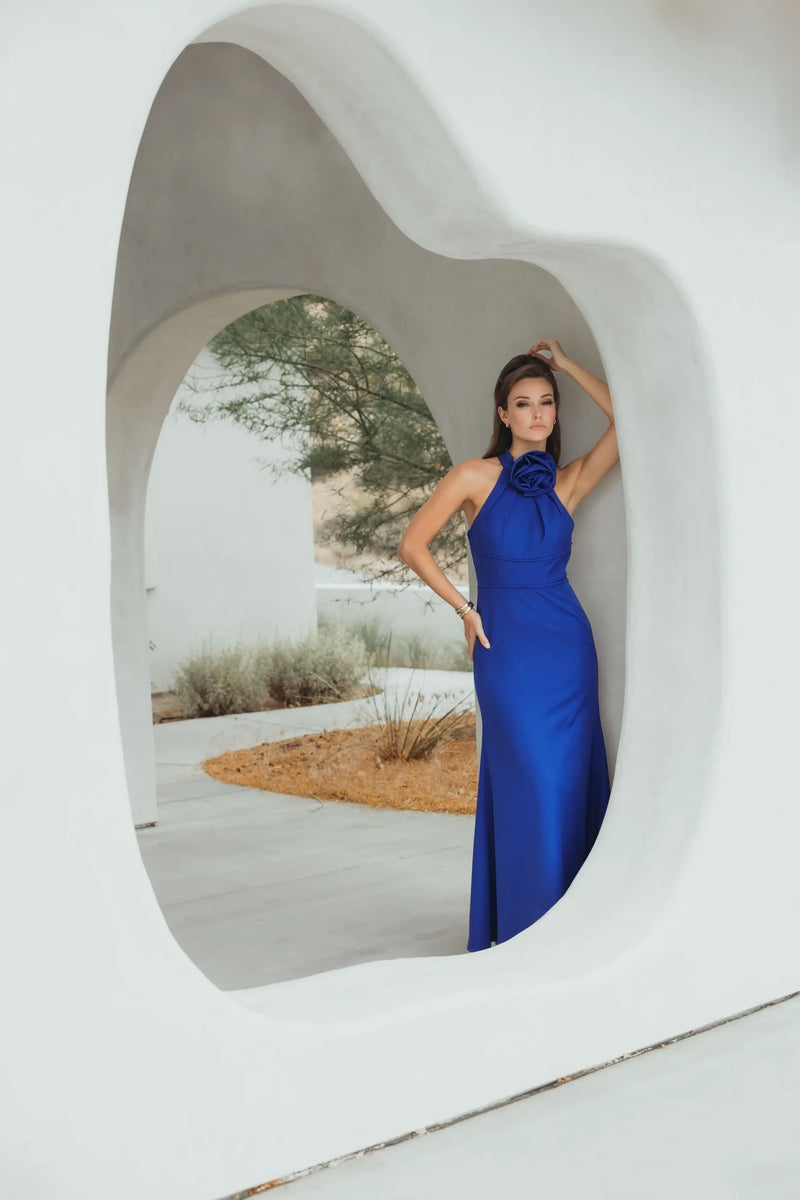 Sleeveless Halter Neck Gown with Rose Detail - Cobalt