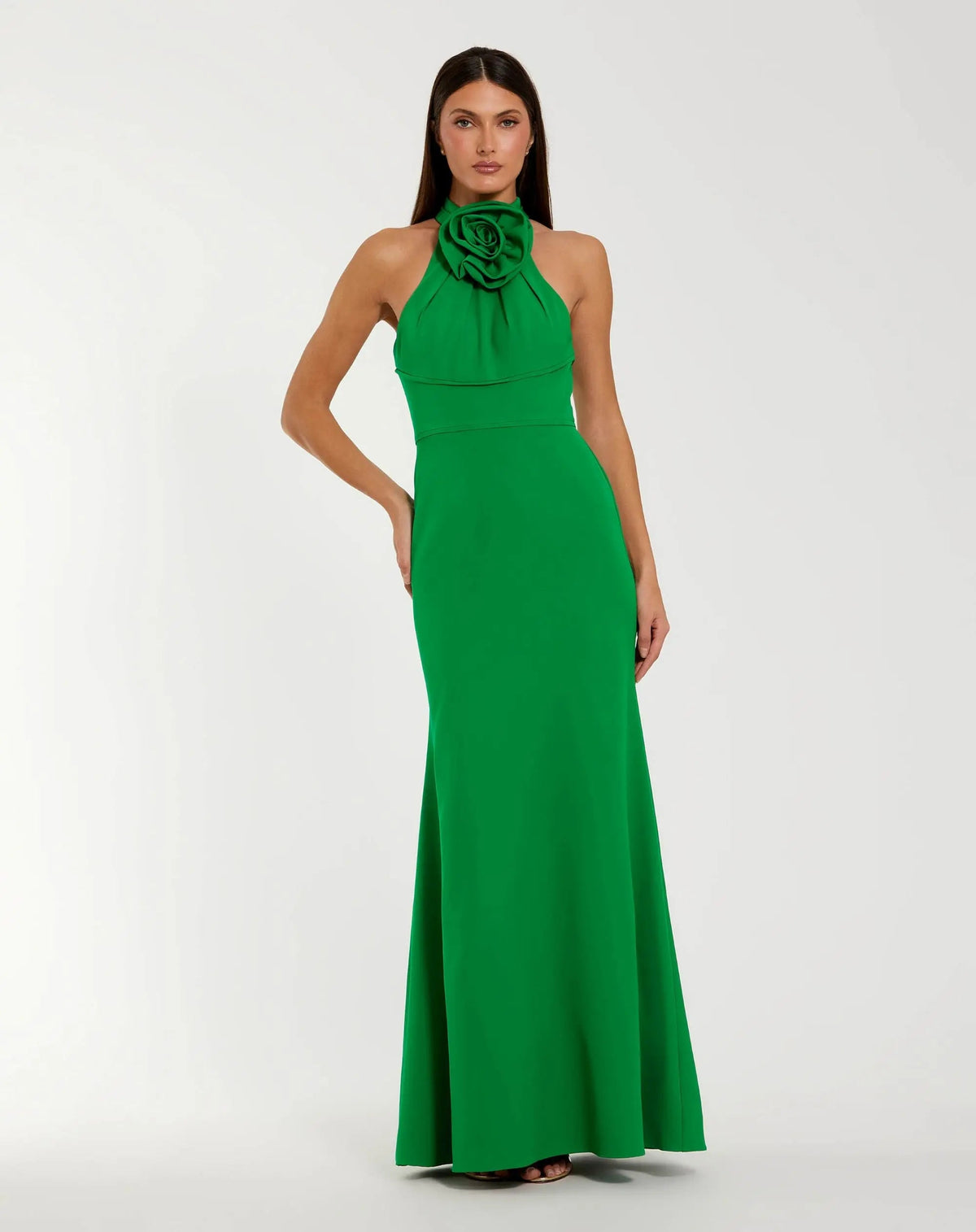 Mac Duggal #50053 spring green sleeveless halter neck gown with rosette detail