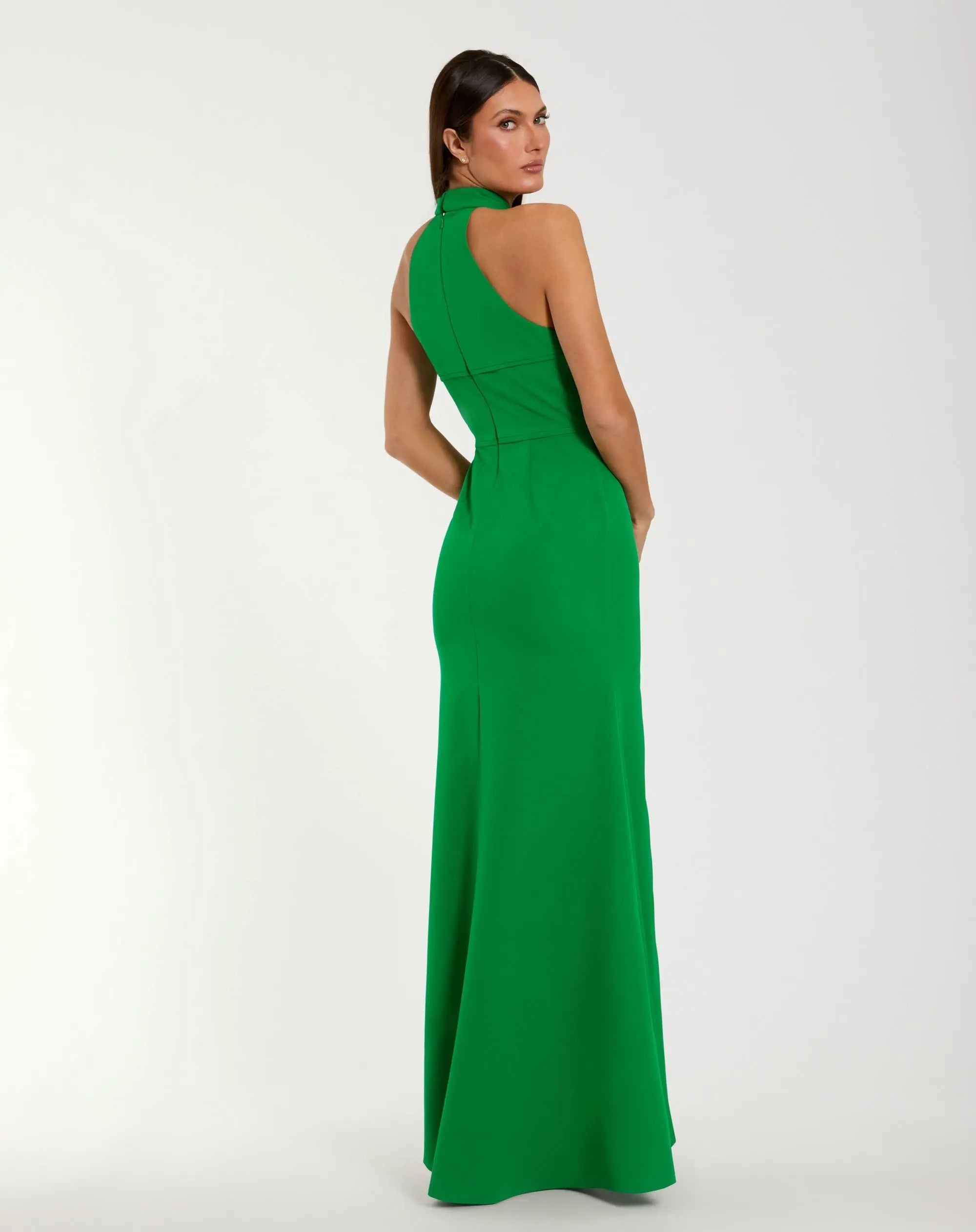 Mac Duggal #50053 spring green sleeveless halter neck gown with rosette detail