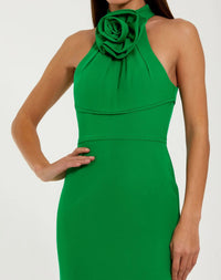Mac Duggal #50053 spring green sleeveless halter neck gown with rosette detail
