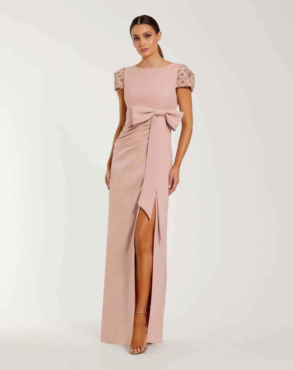 Dusty Rose Beaded Cap Sleeve Crepe Gown With Bow and slit