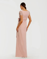 Dusty Rose Beaded Cap Sleeve Crepe Gown With Bow and slit