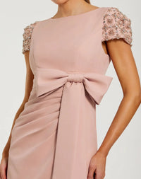 Dusty Rose Beaded Cap Sleeve Crepe Gown With Bow and slit