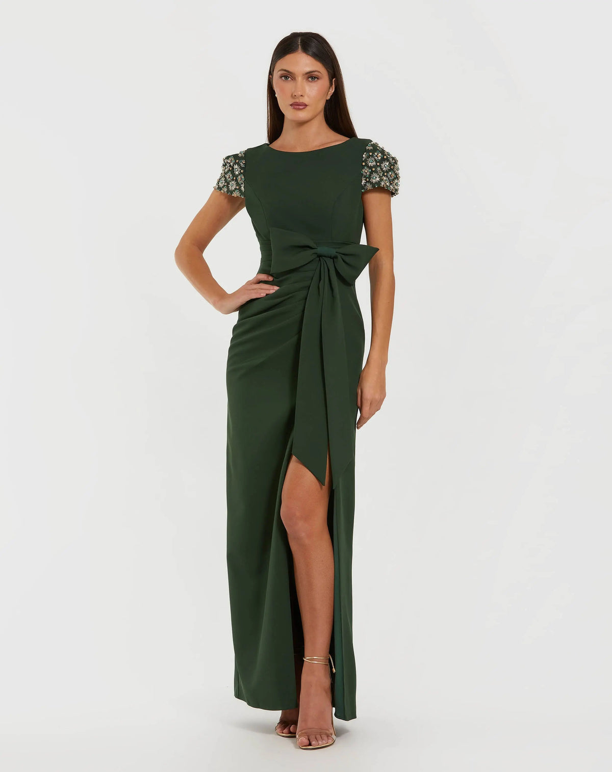 Mac Duggal #50054 forest green beaded cap sleeve crepe gown with bow and slit