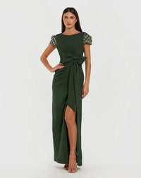 Mac Duggal #50054 forest green beaded cap sleeve crepe gown with bow and slit