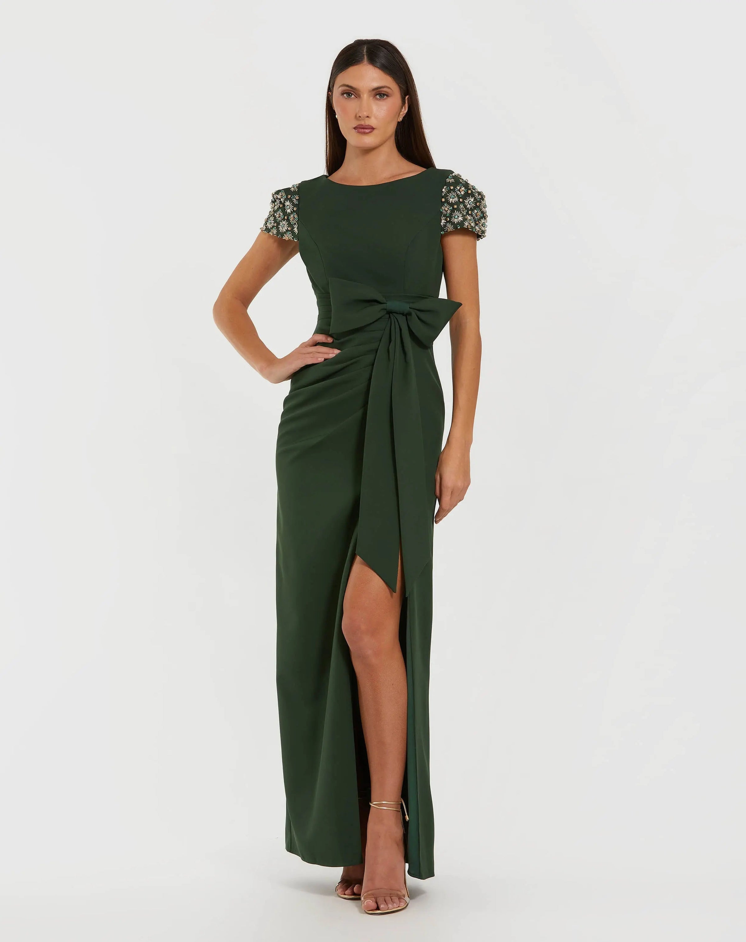 Mac Duggal #50054 forest green beaded cap sleeve crepe gown with bow and slit