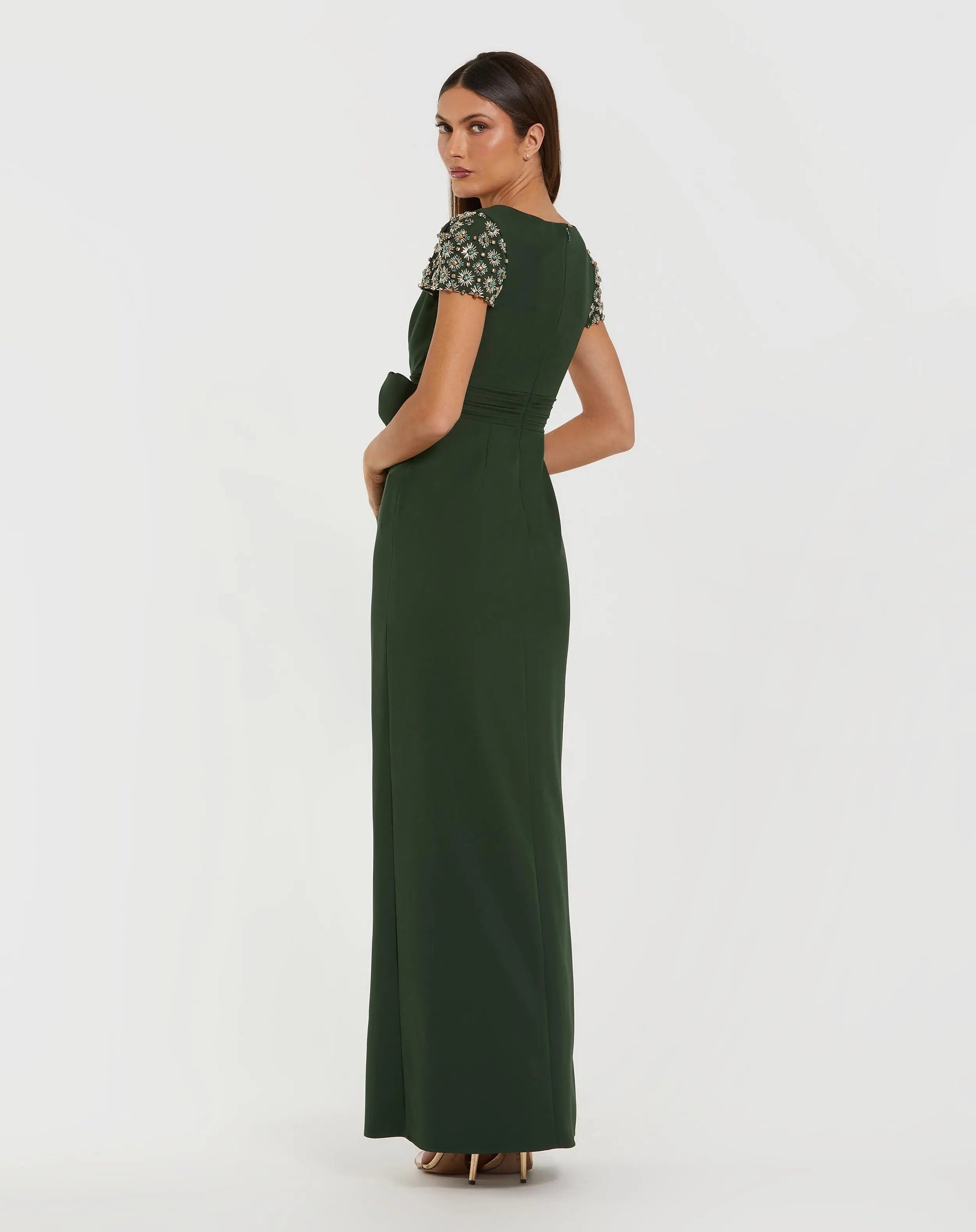 Mac Duggal #50054 forest green beaded cap sleeve crepe gown with bow and slit