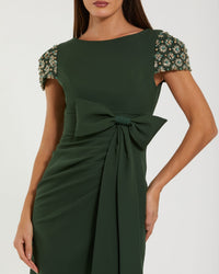 Mac Duggal #50054 forest green beaded cap sleeve crepe gown with bow and slit