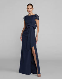 Mac Duggal #50054 midnight navy beaded cap sleeve crepe gown