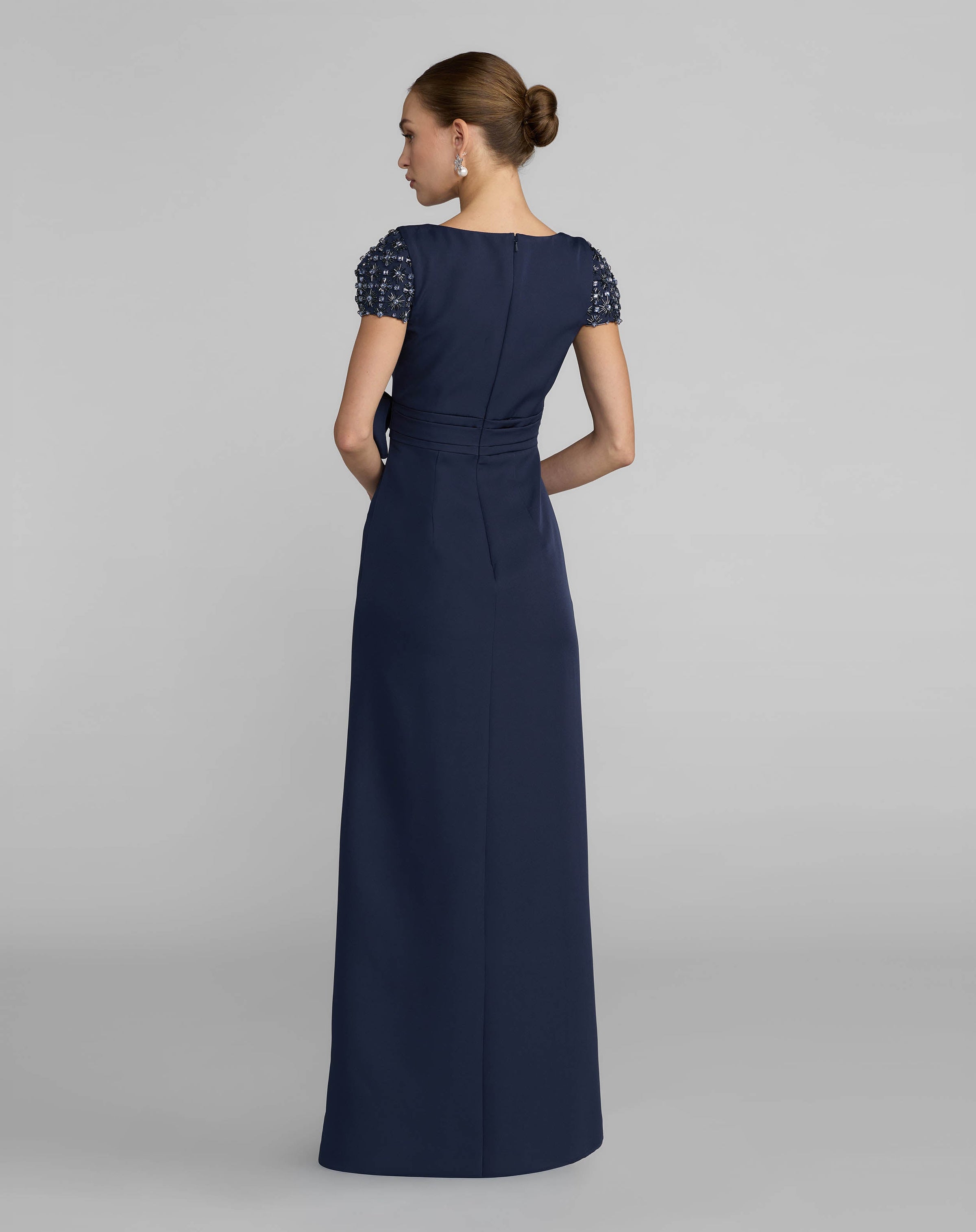 Mac Duggal #50054 midnight navy crepe gown with bow back view