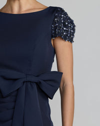 Mac Duggal #50054 midnight navy crepe gown beaded cap sleeve close-up