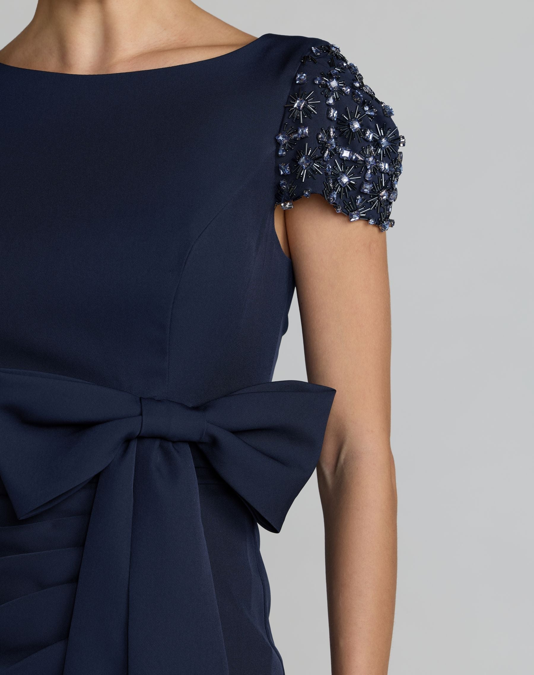 Mac Duggal #50054 midnight navy crepe gown beaded cap sleeve close-up