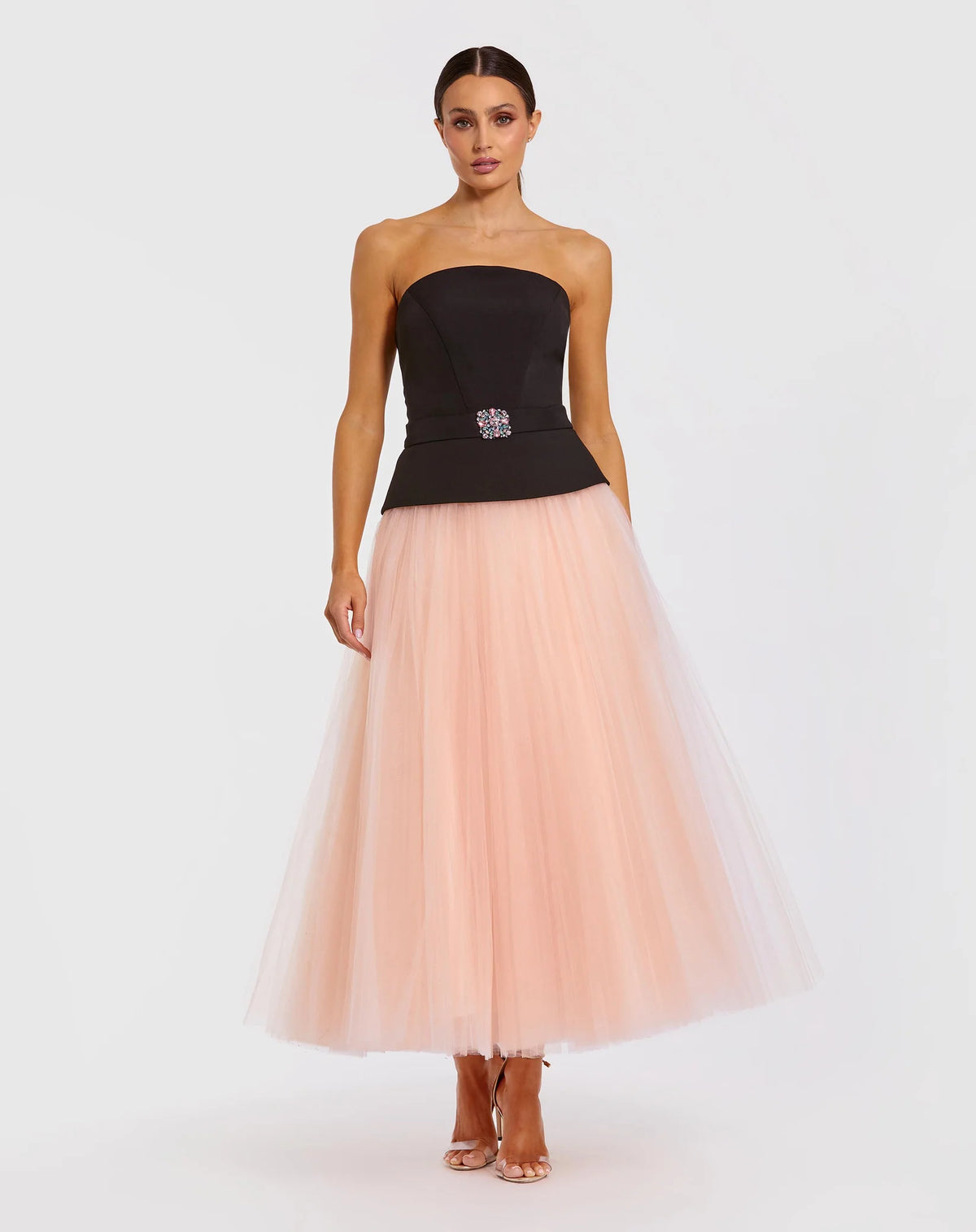 Mac Duggal Black and Pink Strapless Midi Dress With Tulle Skirt #50063