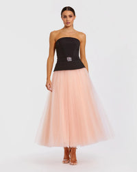 Mac Duggal Black and Pink Strapless Midi Dress With Tulle Skirt #50063
