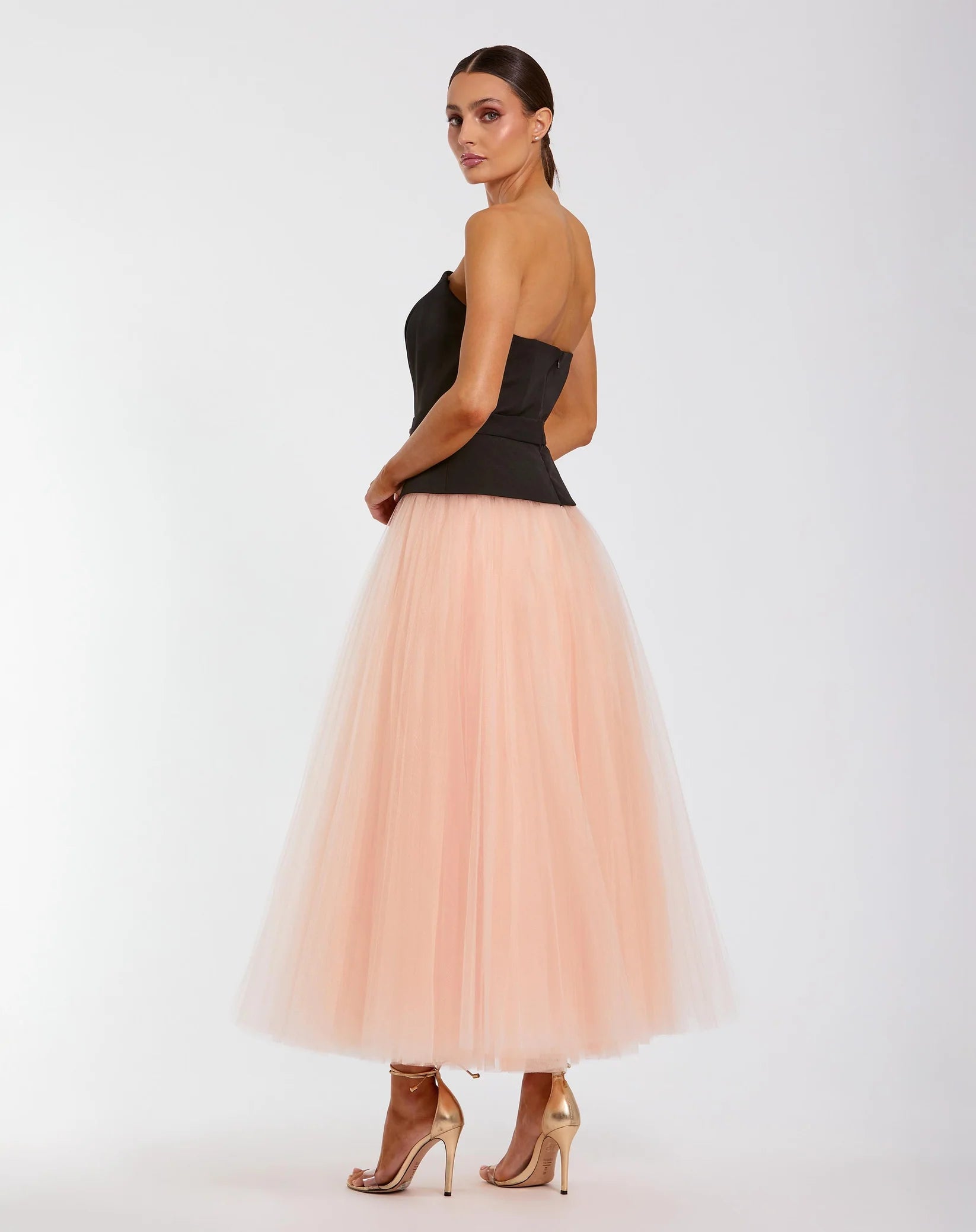 Mac Duggal Black and Pink Strapless Midi Dress With Tulle Skirt #50063