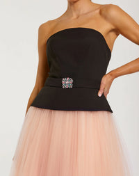 Mac Duggal Black and Pink Strapless Midi Dress With Tulle Skirt #50063