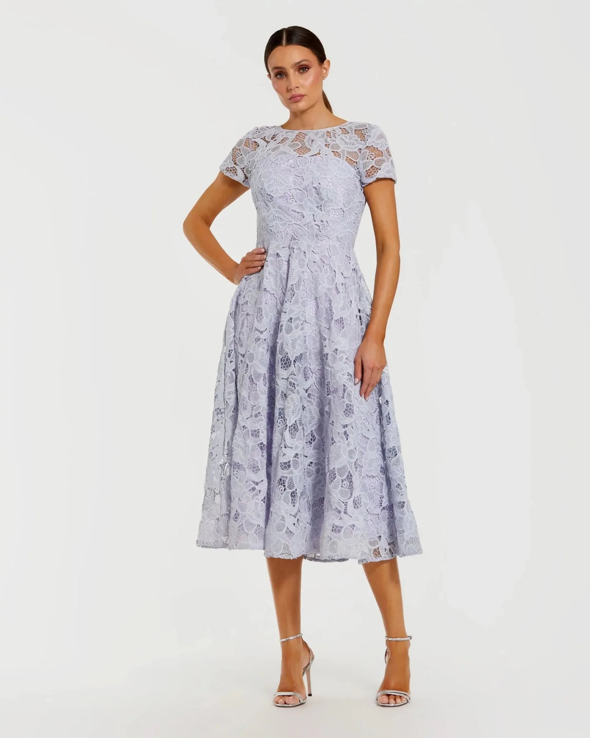 Lilac Lace Short Sleeve A Line Midi Dress With Bow