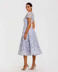 Lilac Lace Short Sleeve A Line Midi Dress With Bow