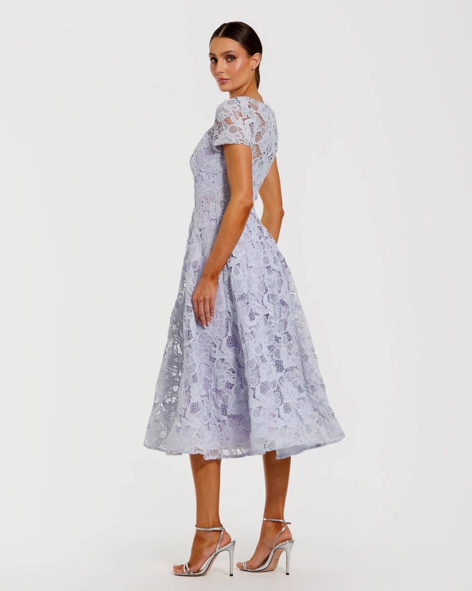 Lilac Lace Short Sleeve A Line Midi Dress With Bow