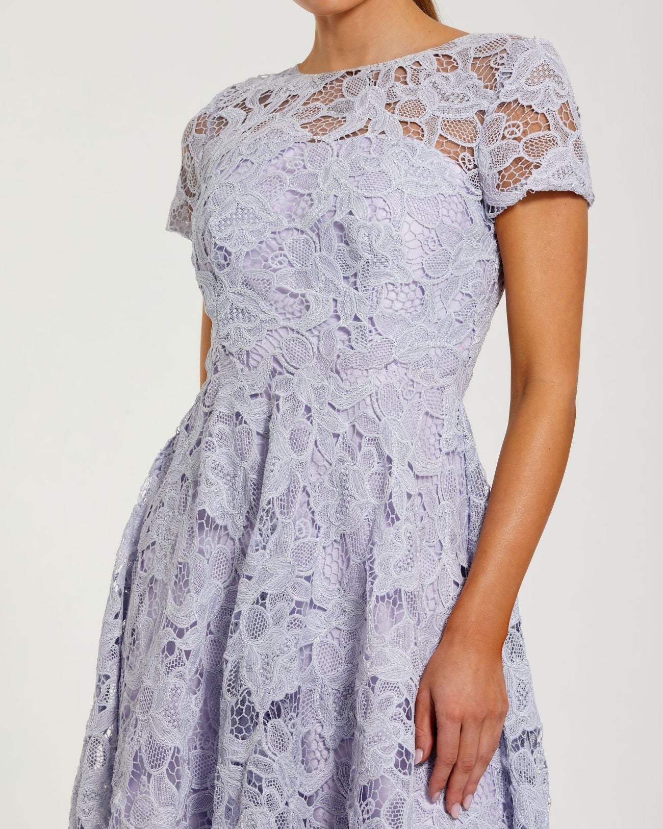 Lilac Lace Short Sleeve A Line Midi Dress With Bow