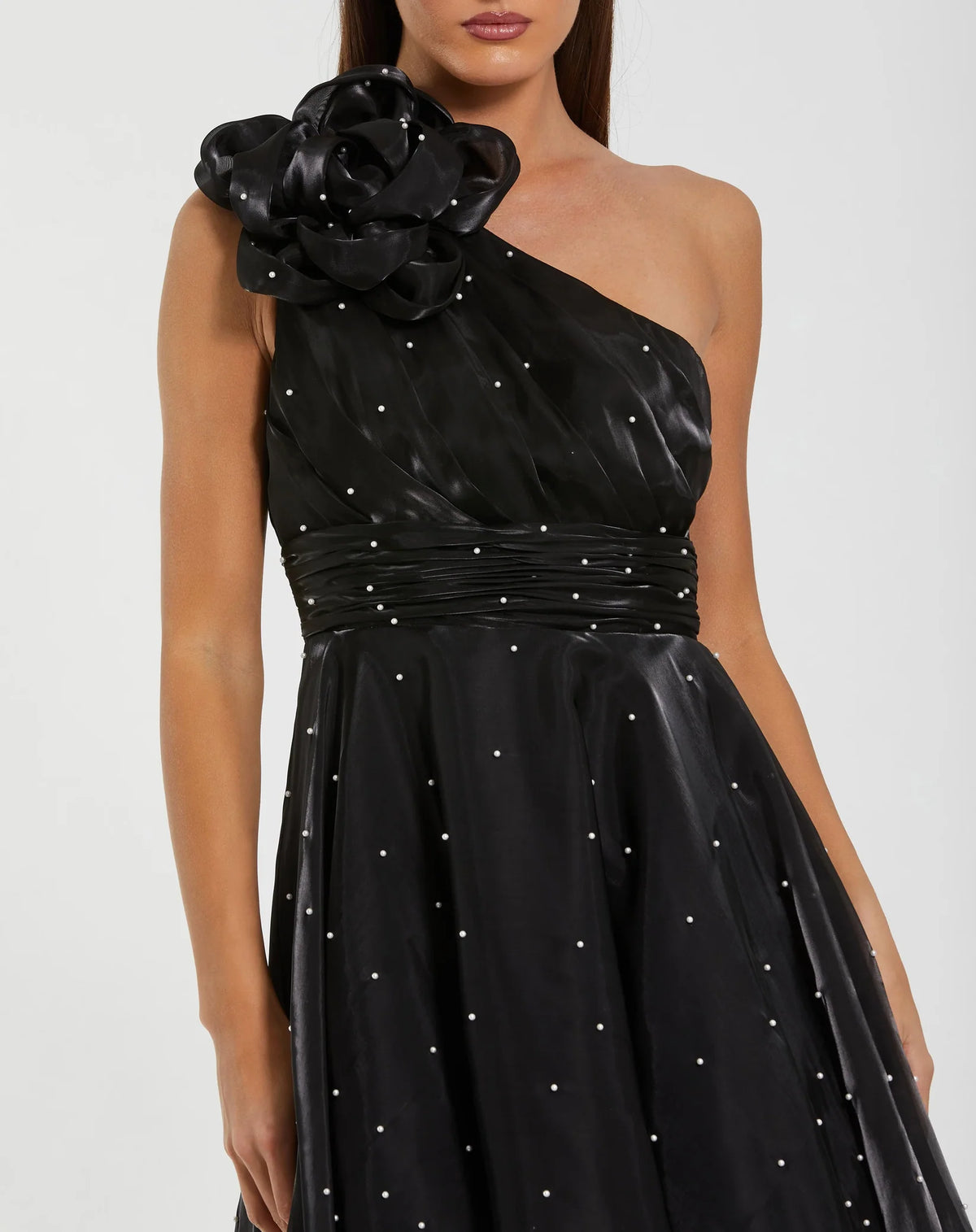 Mac Duggal Black Pearl Embellished One Shoulder Organza Midi Dress #50078