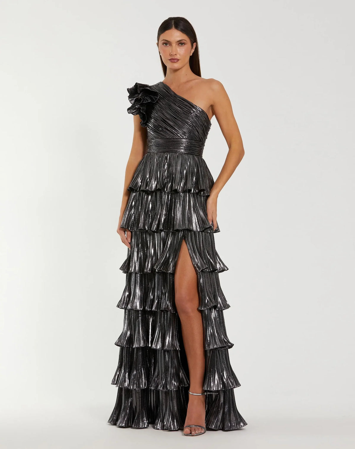 Mac Duggal Dark Gray Pleated Metallic Ruffled One Shoulder Gown #50080 Gunmetal
