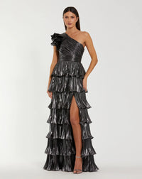 Mac Duggal Dark Gray Pleated Metallic Ruffled One Shoulder Gown #50080 Gunmetal