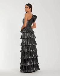 Pleated Metallic Ruffled One Shoulder Gown - Gunmetal