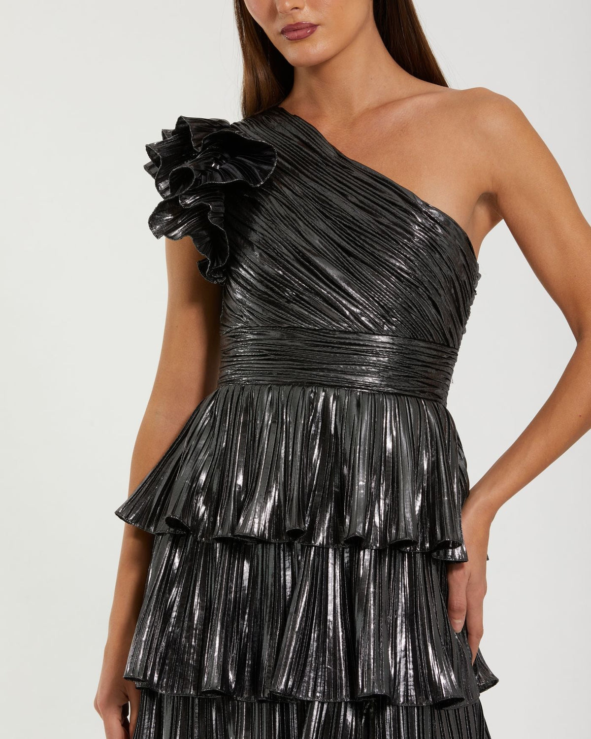 Pleated Metallic Ruffled One Shoulder Gown - Gunmetal