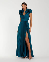 Mac Duggal 50083 Ocean ruffle shoulder pleated gown with slit - Front