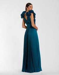 Mac Duggal 50083 Ocean ruffle shoulder pleated gown with slit - Back view