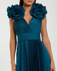 Mac Duggal 50083 Ocean ruffle shoulder pleated gown with slit - Close up detail
