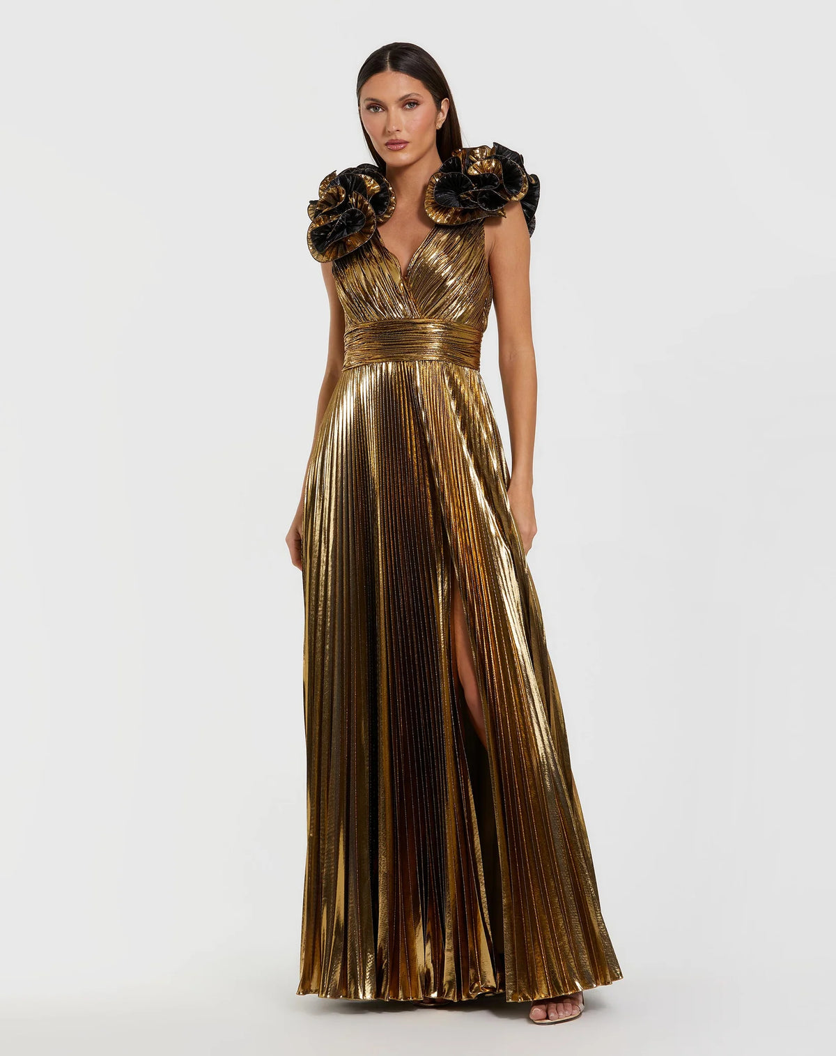 Mac Duggal Metallic Pleated Gown with Ruffle Shoulder Detail - Antique Gold #50084