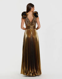 Mac Duggal Metallic Pleated Gown with Ruffle Shoulder Detail - Antique Gold #50084