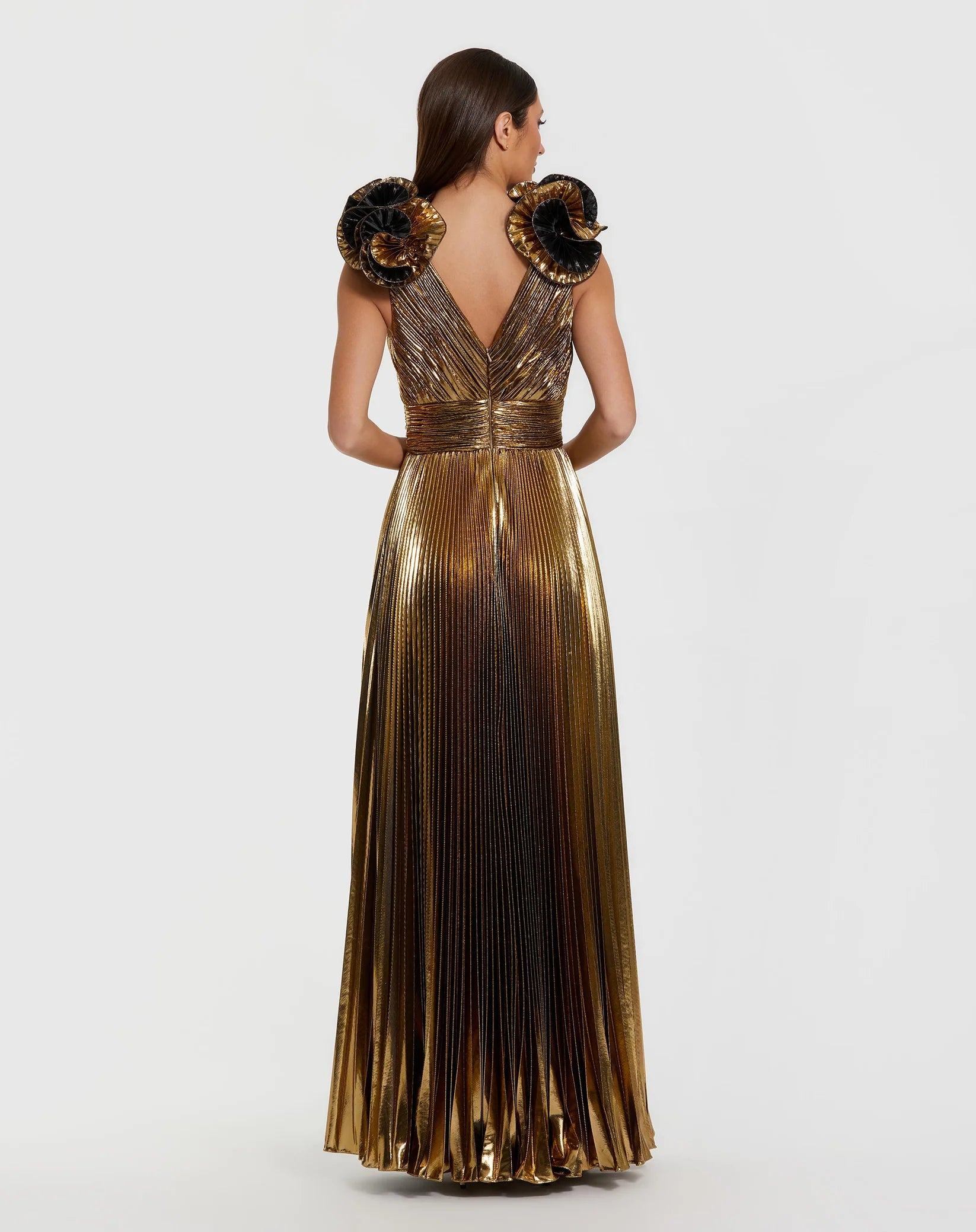 Mac Duggal Metallic Pleated Gown with Ruffle Shoulder Detail - Antique Gold #50084