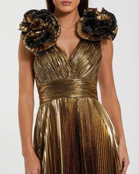 Mac Duggal Metallic Pleated Gown with Ruffle Shoulder Detail - Antique Gold #50084