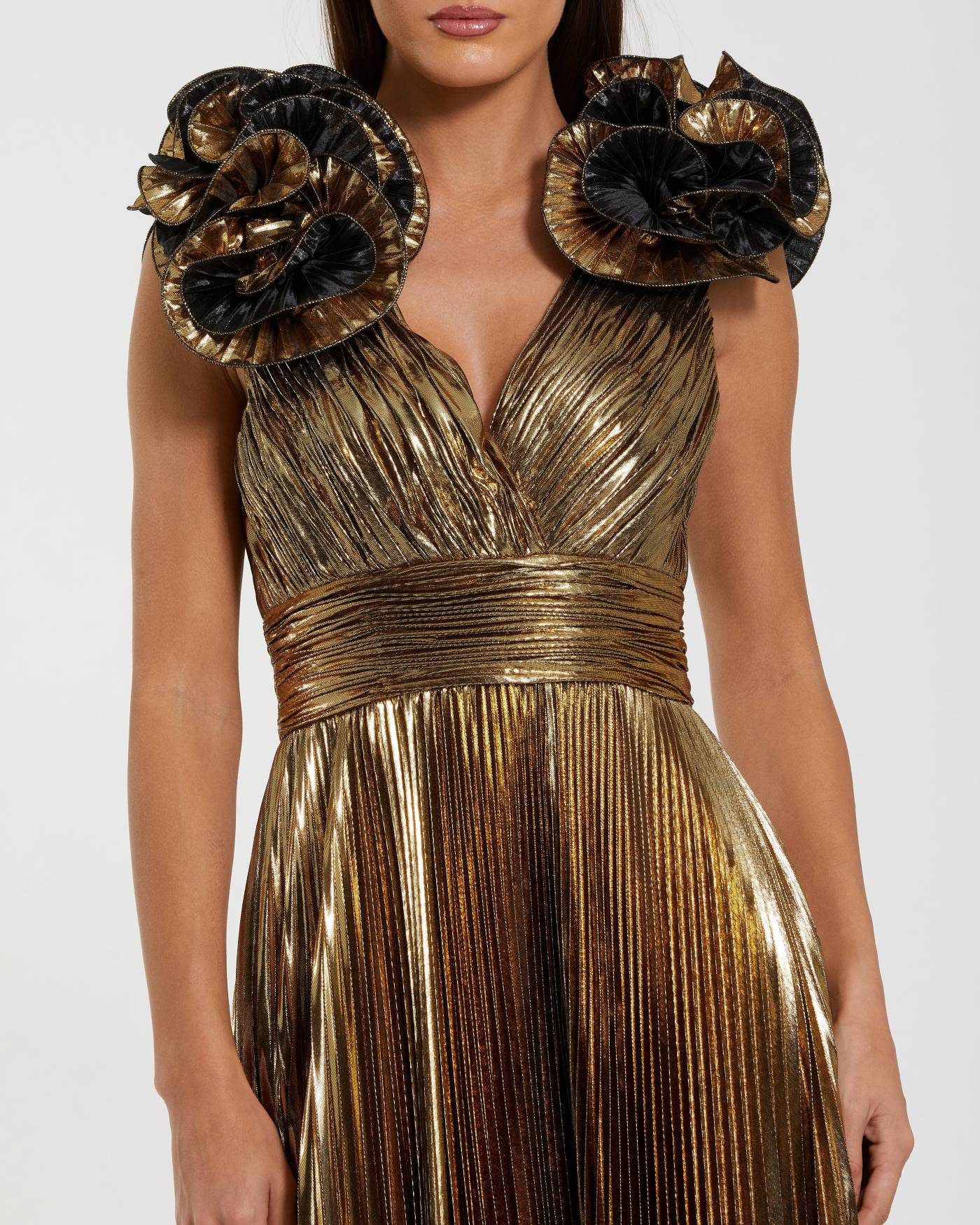Mac Duggal Metallic Pleated Gown with Ruffle Shoulder Detail - Antique Gold #50084