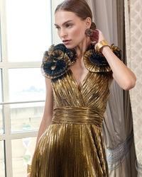 Mac Duggal Metallic Pleated Gown with Ruffle Shoulder Detail - Antique Gold #50084