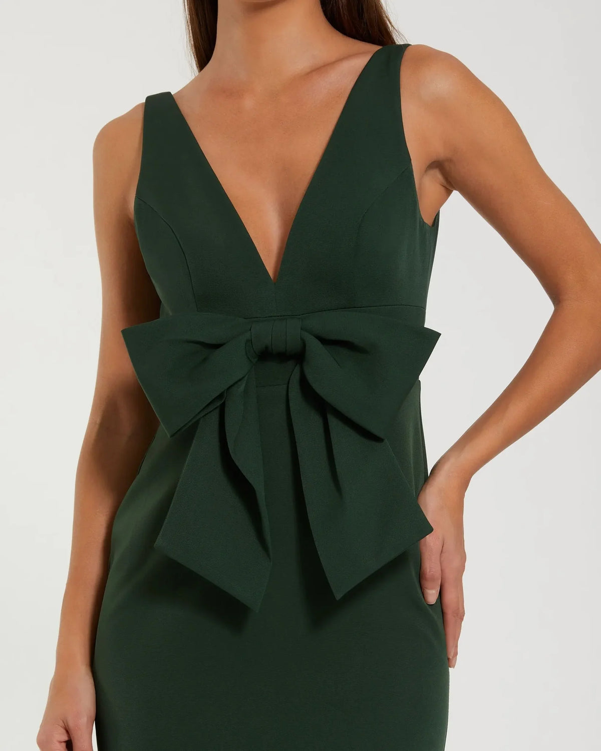 Mac Duggal Style 50087 | Sleeveless Crepe Gown with Bow Detail in Emerald Green close up