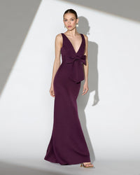 Purple Crepe Sleeveless V-Neck Gown with Bow