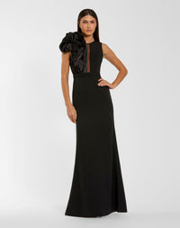 Mac Duggal #50089 black high neck sleeveless crepe gown with satin ruffle