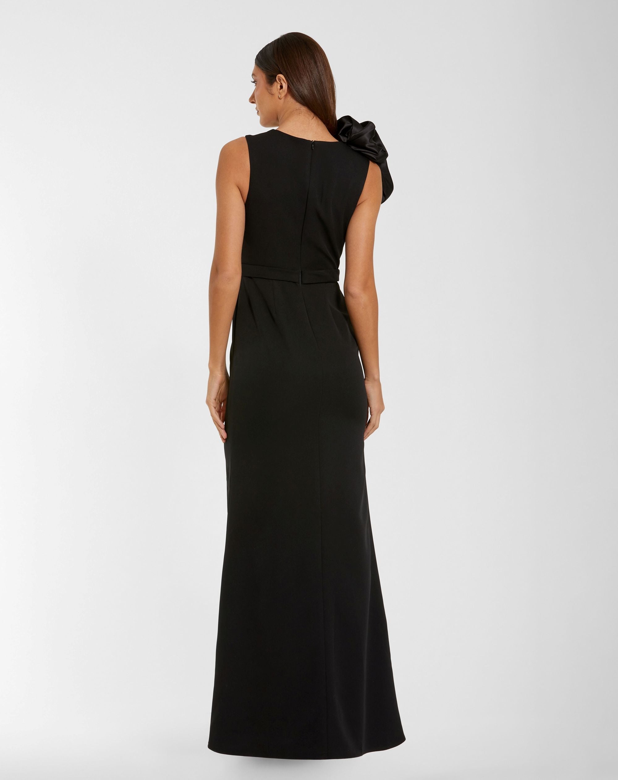 Mac Duggal #50089 black high neck crepe gown back view