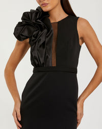Mac Duggal #50089 black crepe gown satin ruffle close-up