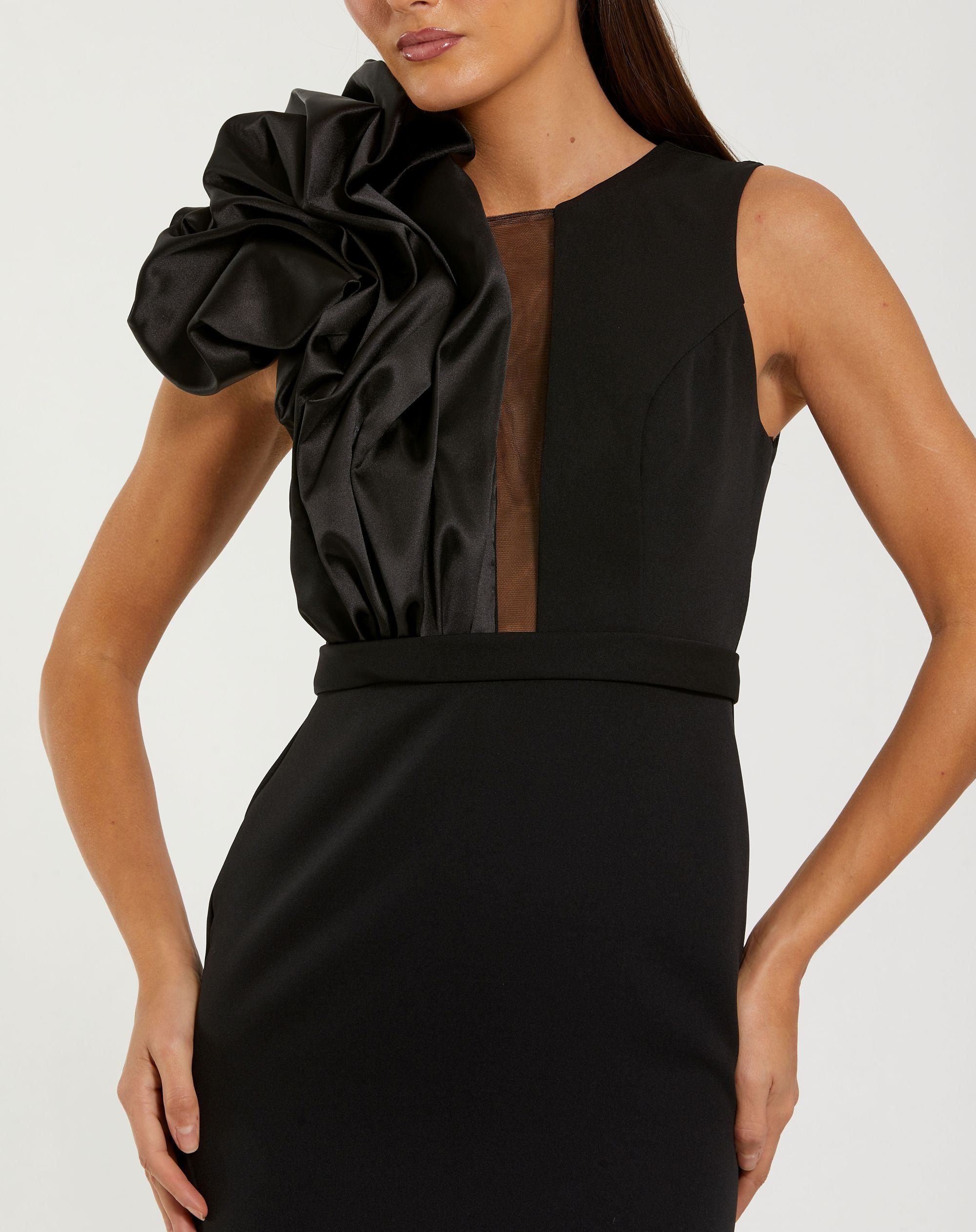 Mac Duggal #50089 black crepe gown satin ruffle close-up