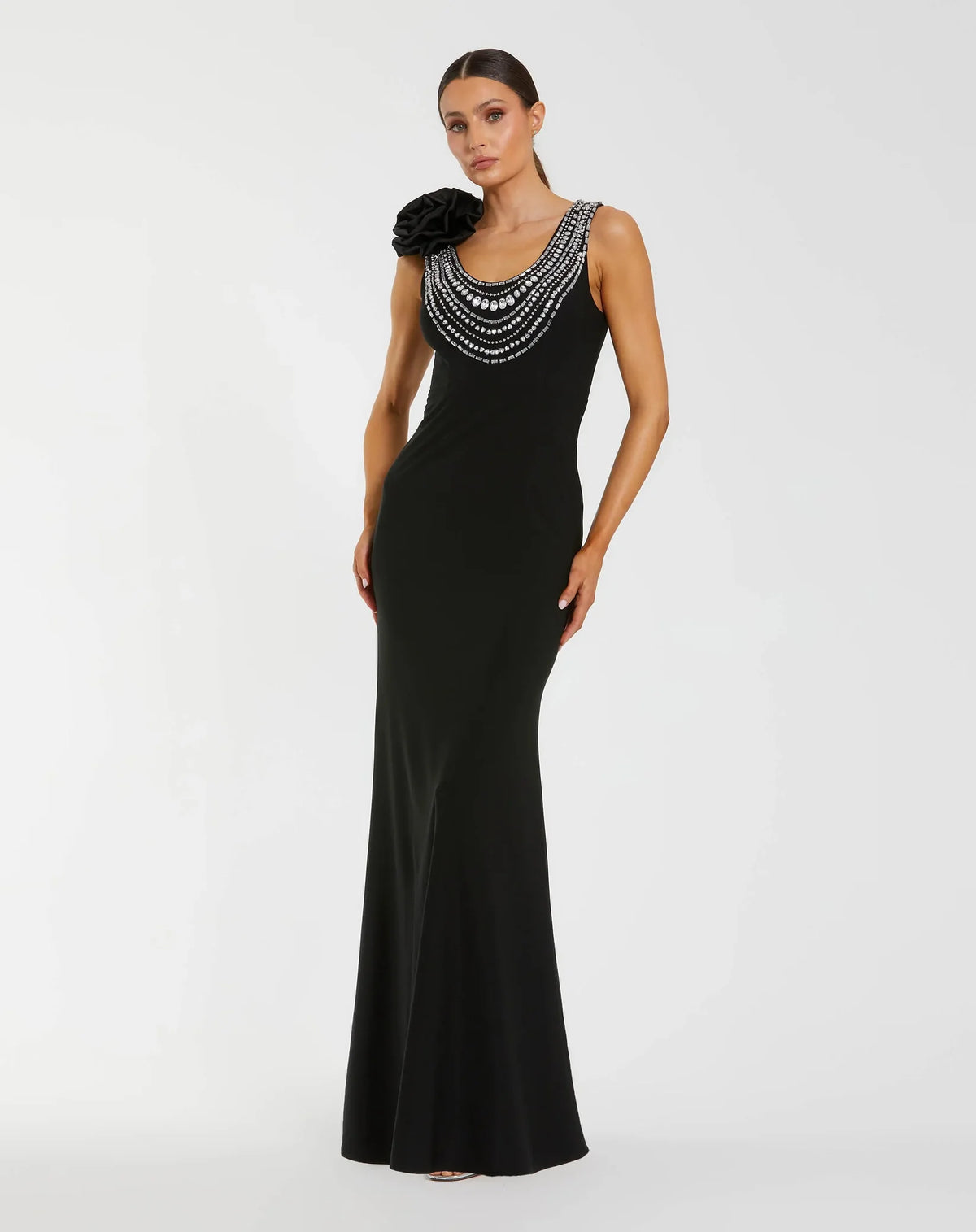 Mac Duggal Black Beaded Scoop Neck Jersey Gown With 3D Flower Black #50090