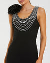 Beaded Scoop Neck Jersey Gown With 3D Flower - Black